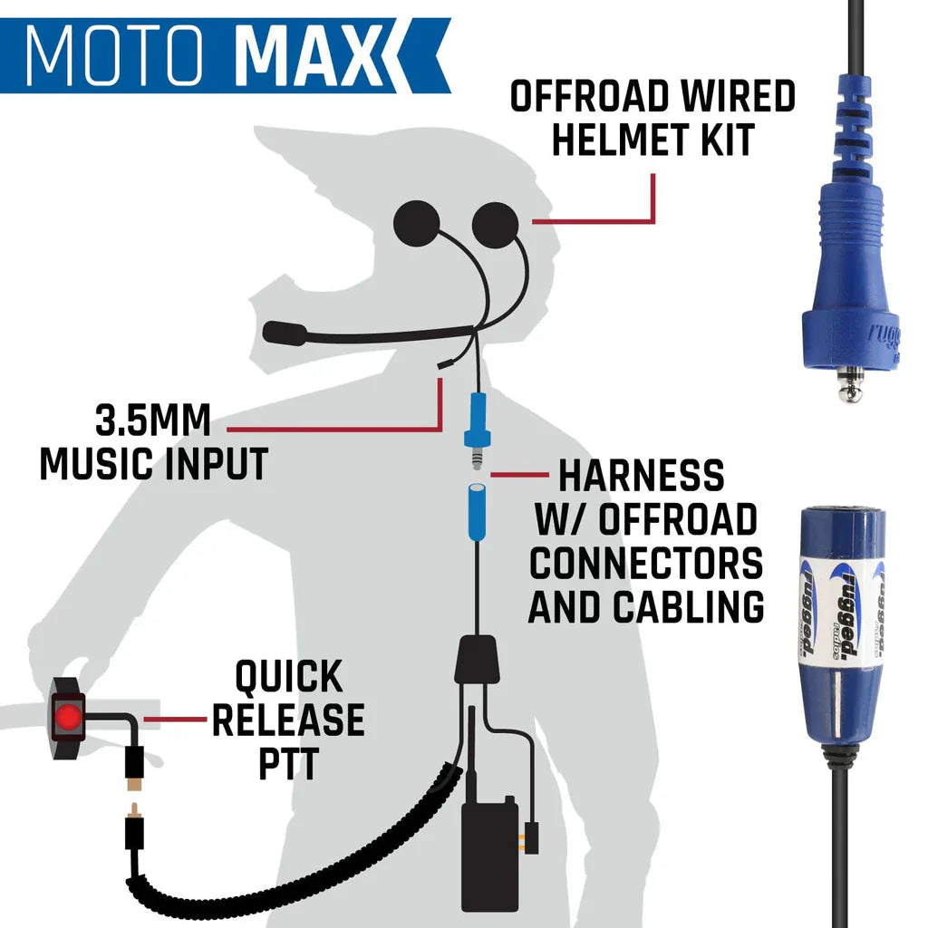 Rugged Radios Complete Motorcycle Communication Kit with Heavy-Duty OFFROAD Cables - MOTO MAX Radio Kit